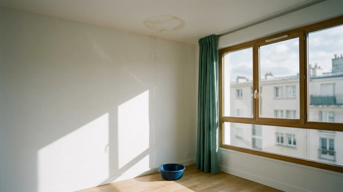 Plafond taché par un dégât des eaux dans un appartement